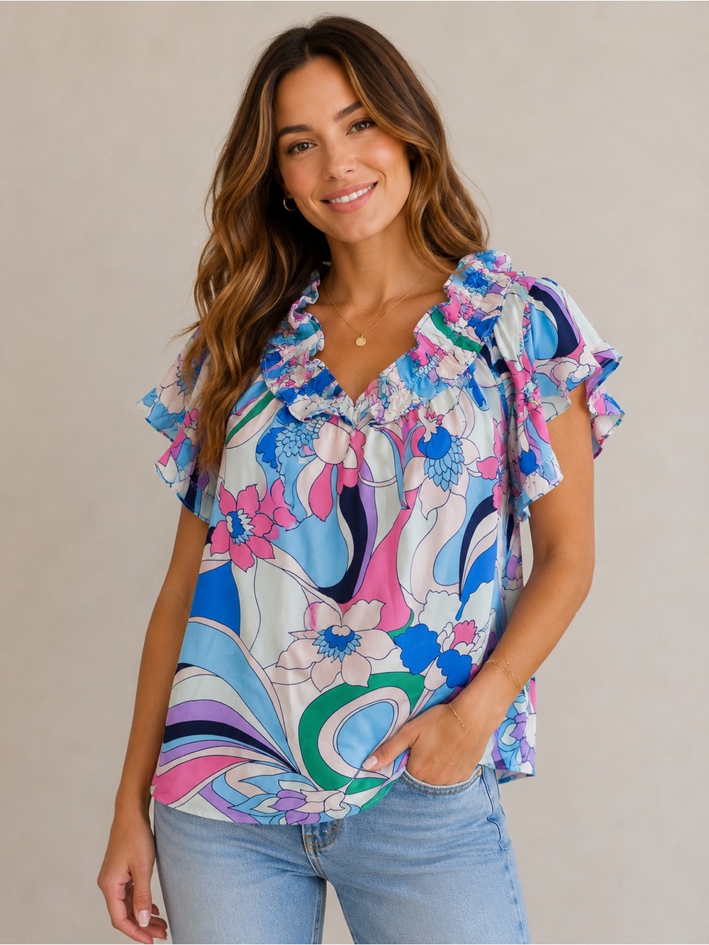 Cotton Bleu Floral Ruffle V-Neck Blouse in Multicolor